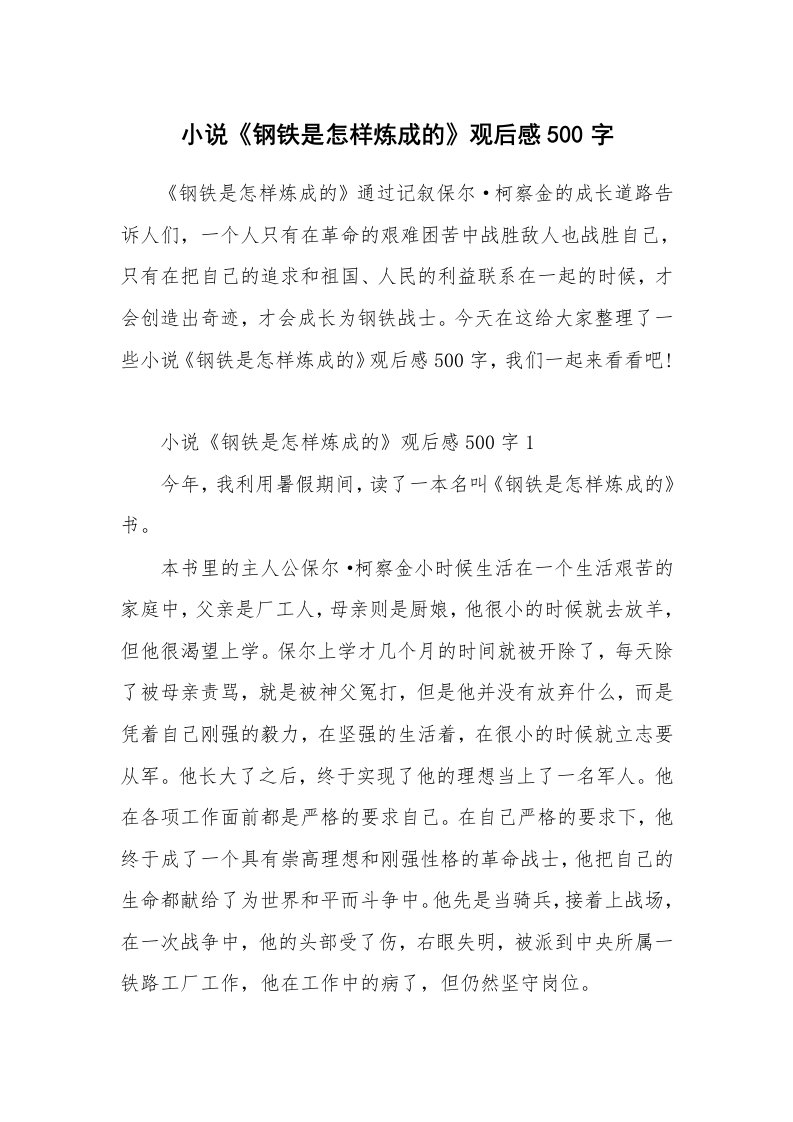 小说《钢铁是怎样炼成的》观后感500字