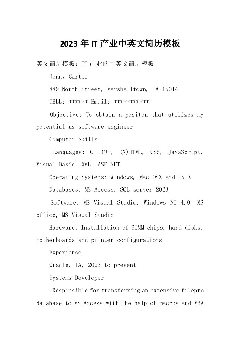 2023年IT产业中英文简历模板