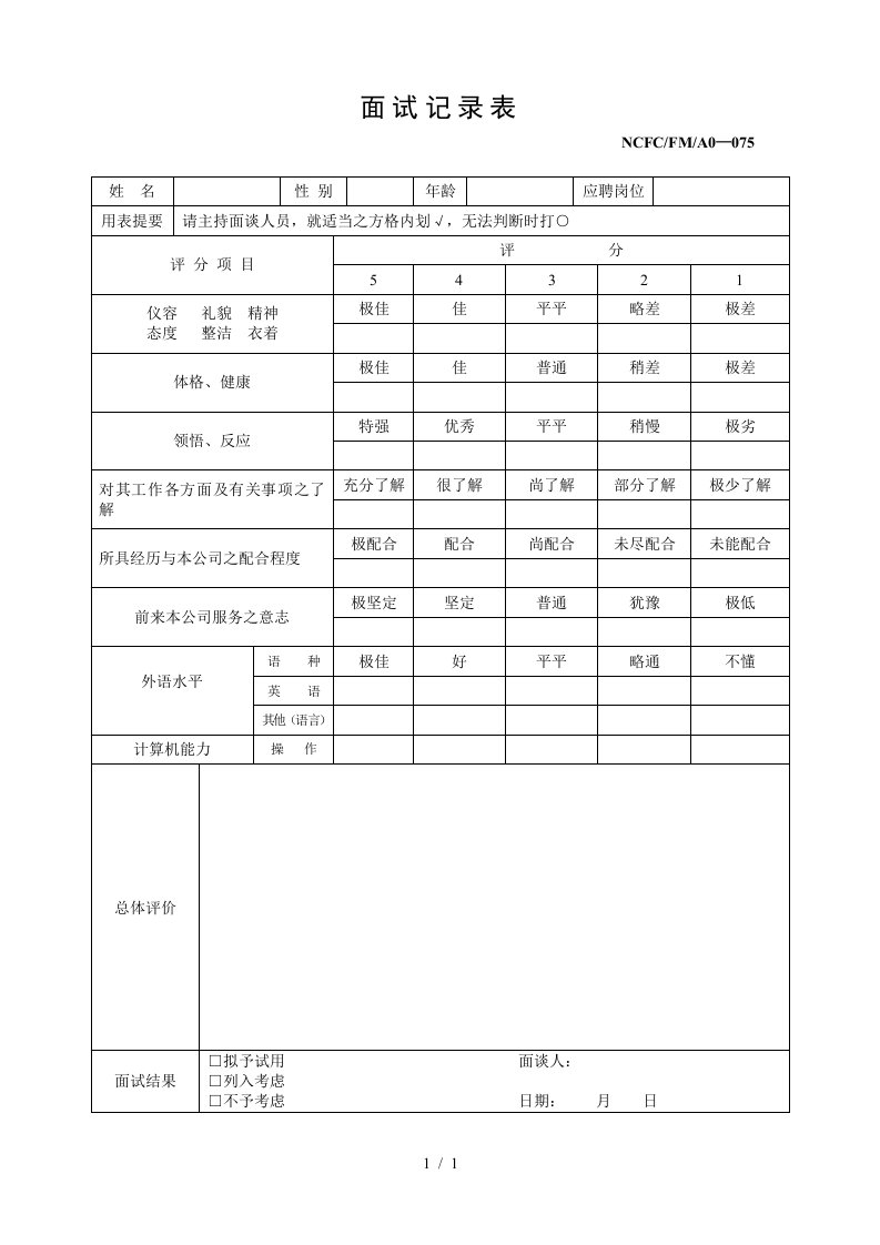 企业员工面试记录表