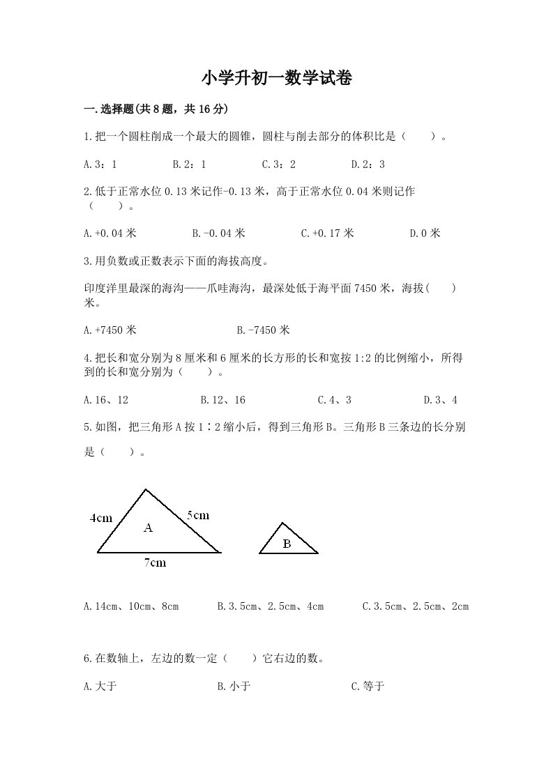 小学升初一数学试卷带答案（典型题）