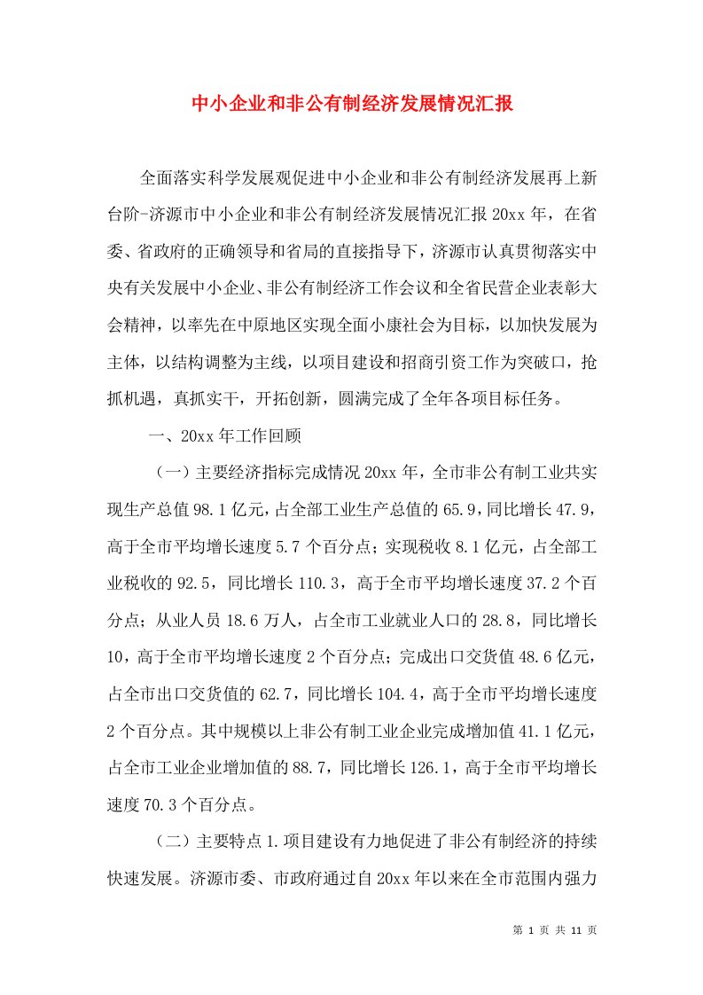 中小企业和非公有制经济发展情况汇报