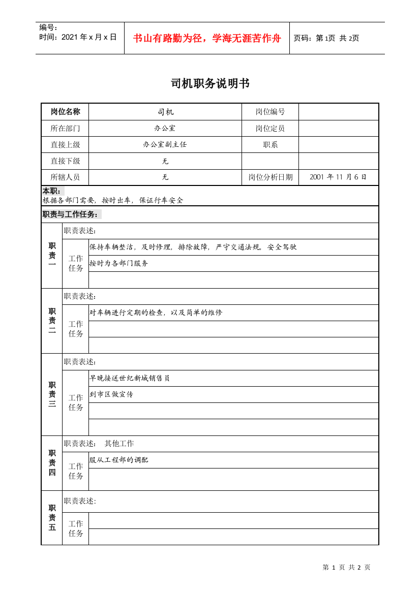 宝地建设集团办公室司机职务说明书