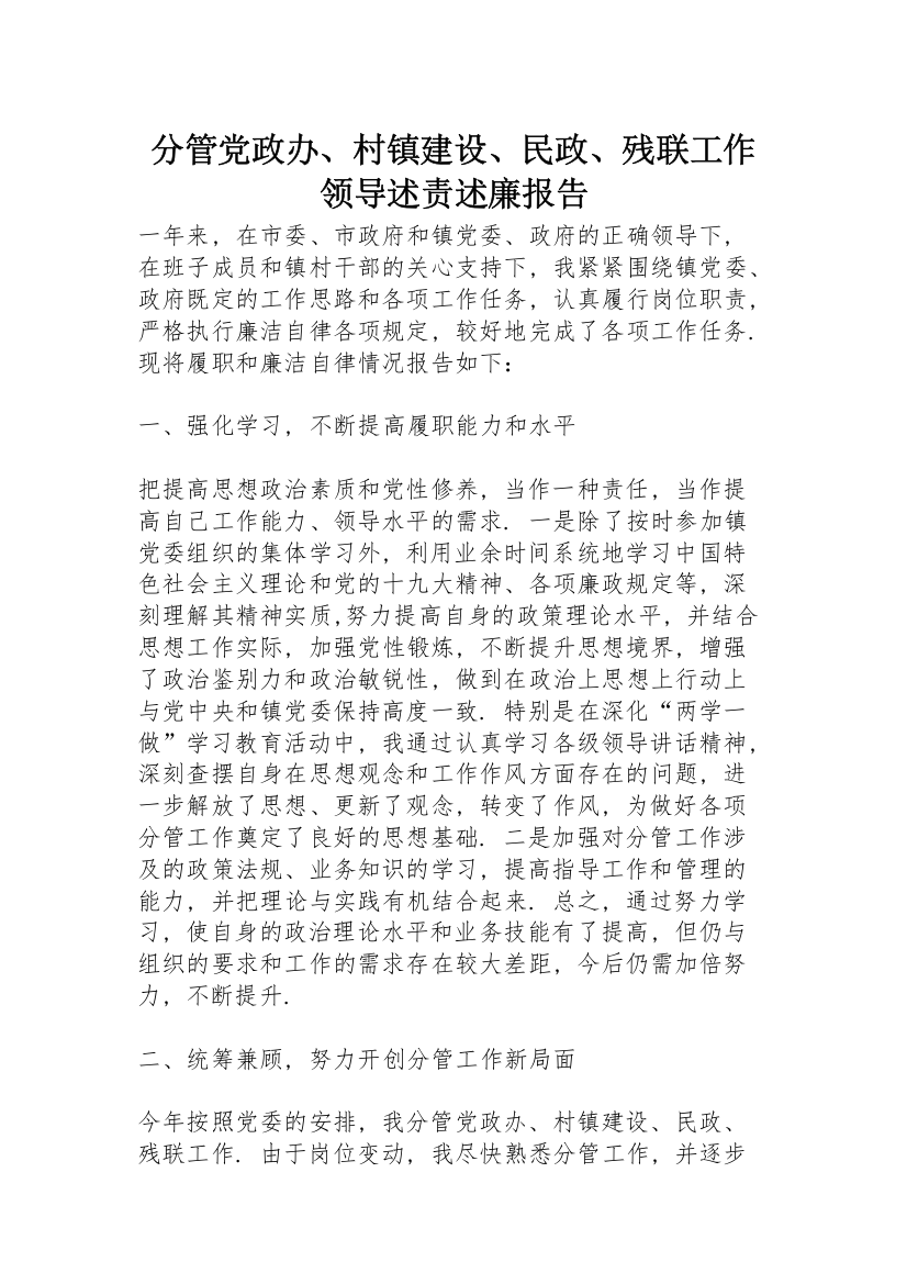 分管党政办、村镇建设、民政、残联工作领导述责述廉报告