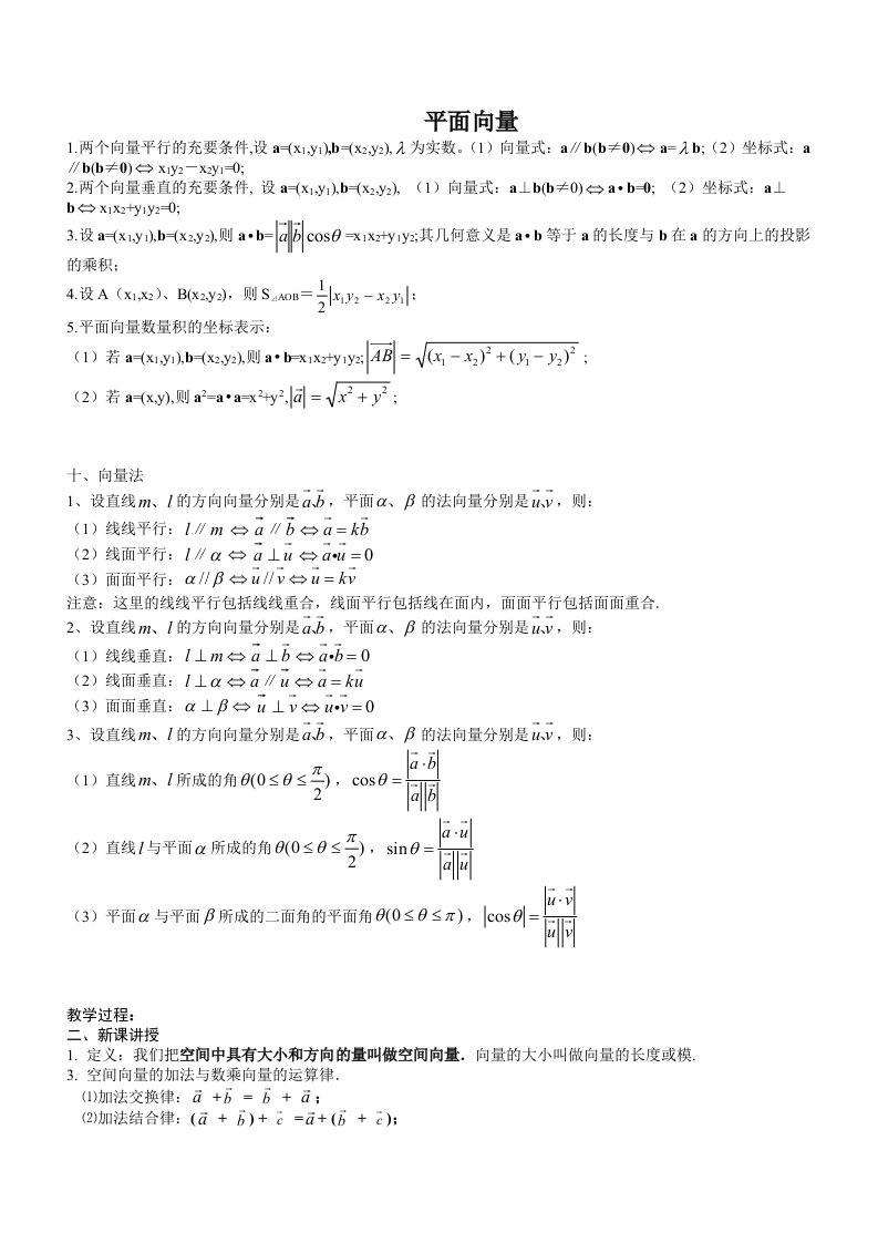 高中数学-公式-平面向量