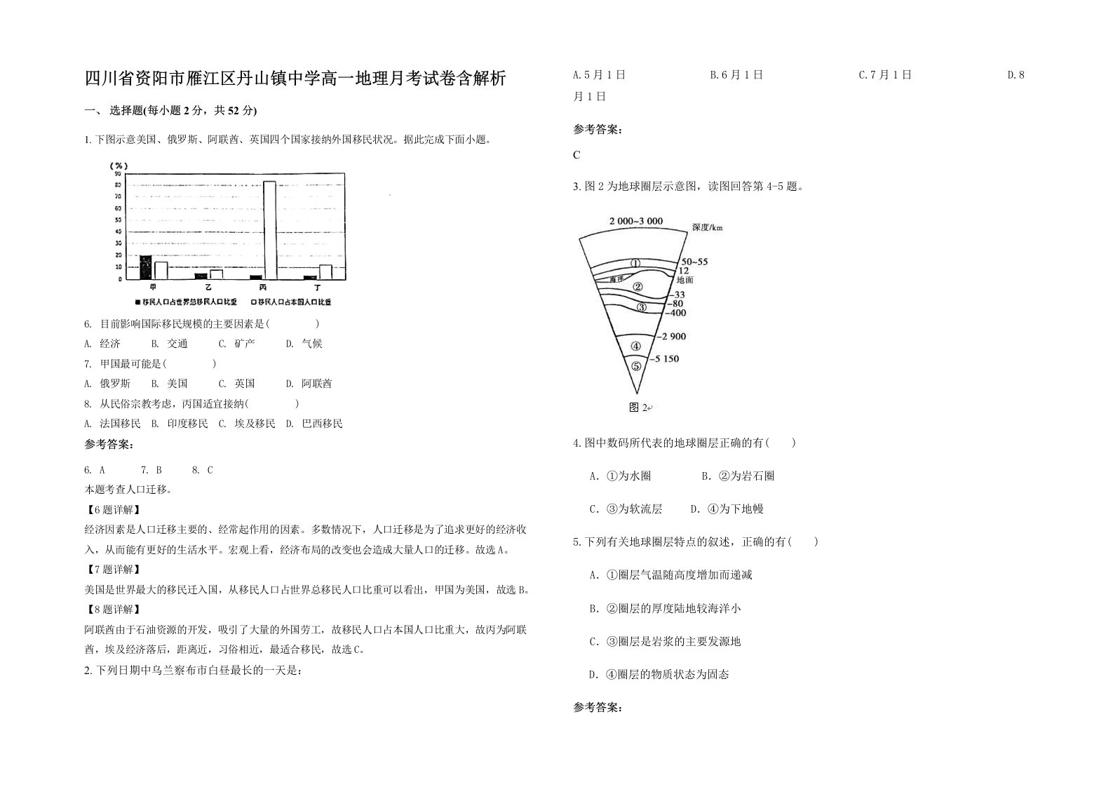 四川省资阳市雁江区丹山镇中学高一地理月考试卷含解析