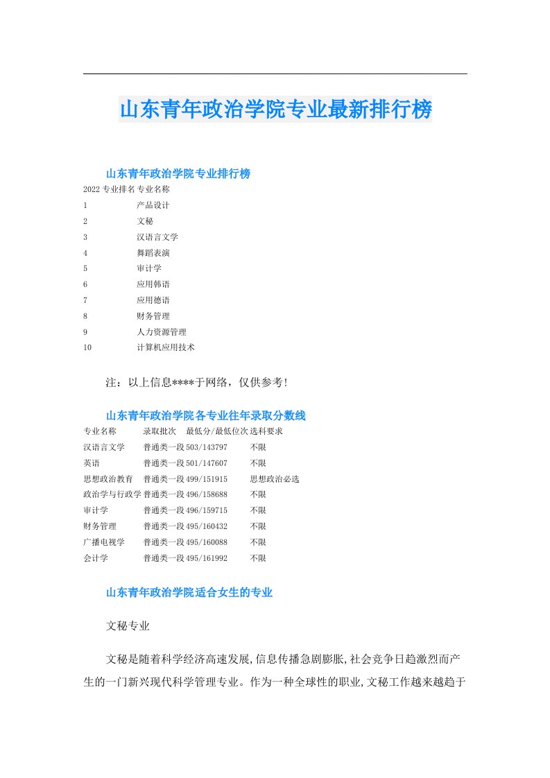 山东青年政治学院专业最新排行榜