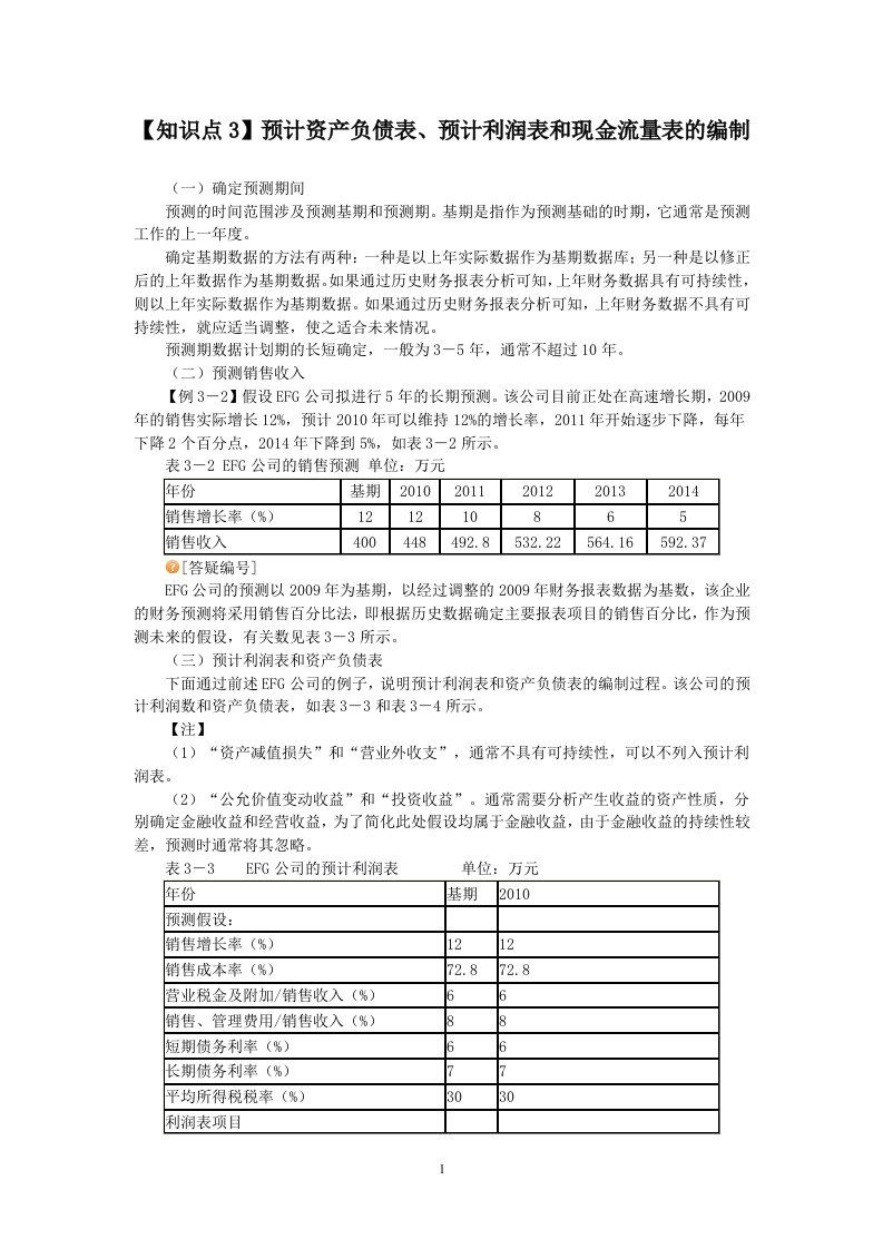 【知识点3】预计资产负债表、预计利润表和现金流量表的编制