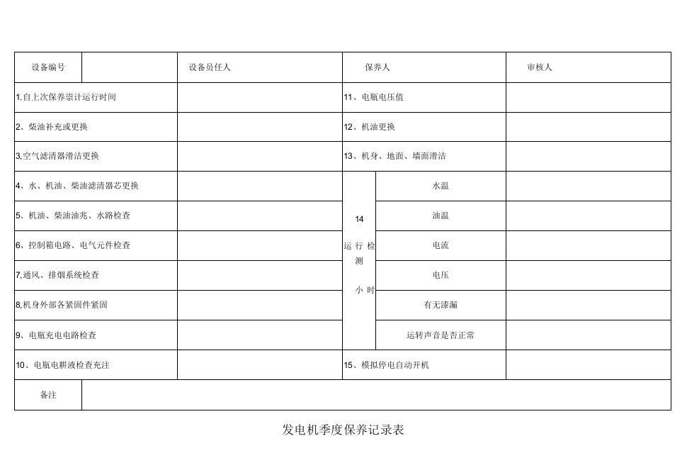 发电机季度保养记录表