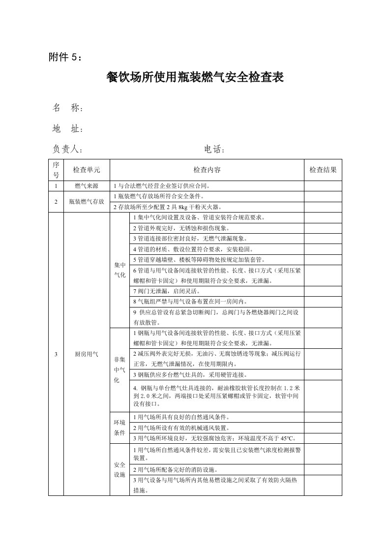 餐饮场所使用瓶装燃气安全检查表