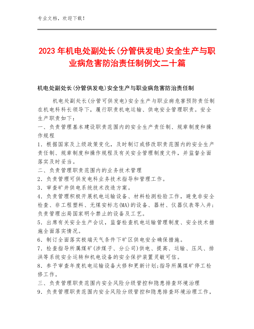 2023年机电处副处长(分管供发电)安全生产与职业病危害防治责任制例文二十篇