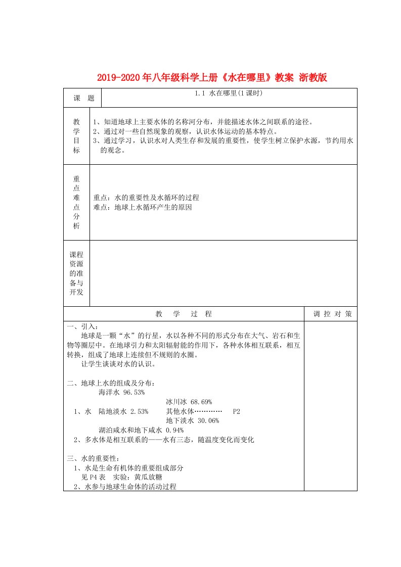 2019-2020年八年级科学上册《水在哪里》教案