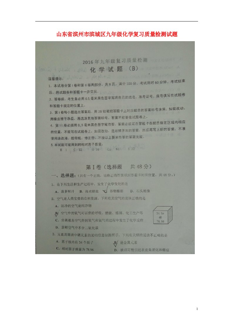 山东省滨州市滨城区九级化学复习质量检测试题（B卷，扫描版，无答案）