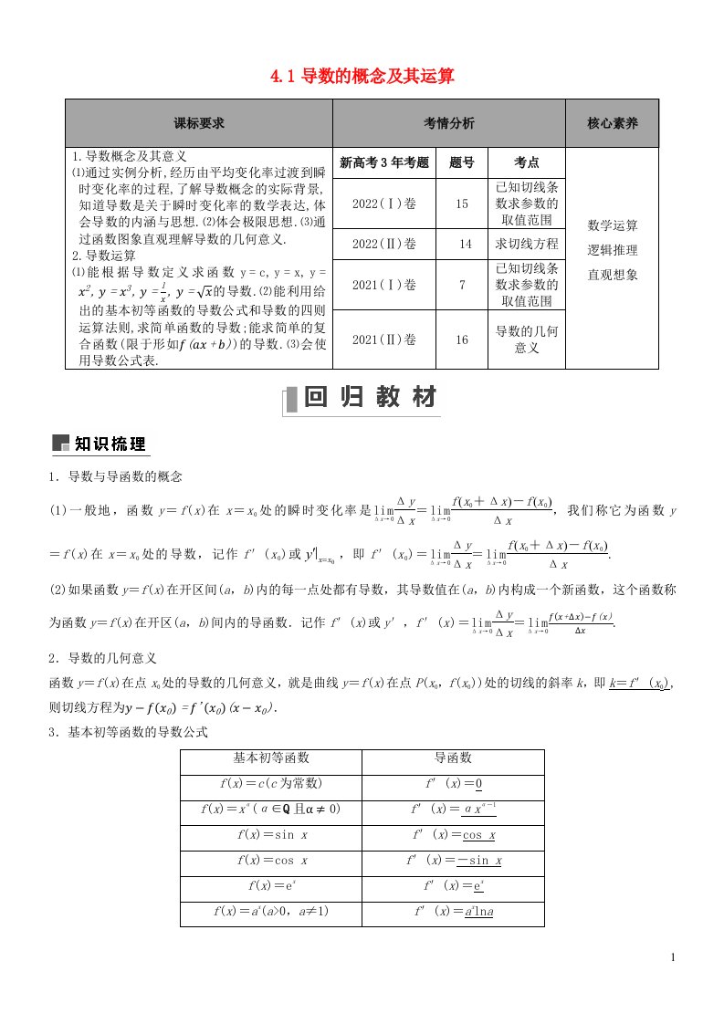 2022_2023学年高三数学新高考一轮复习专题4.1导数的概念及运算含解析