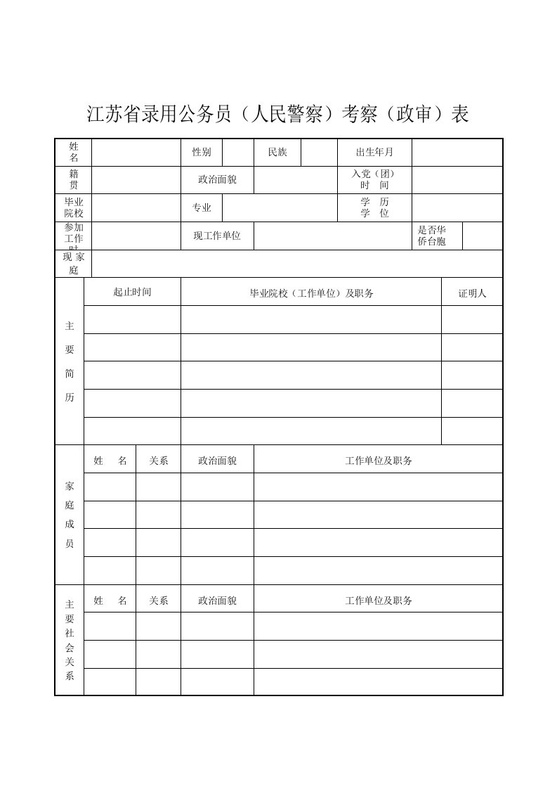 江苏省录用公务员(人民警察)考察(政审)表