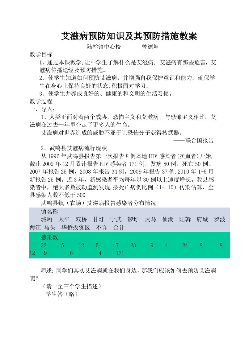 预防艾滋病知识教案