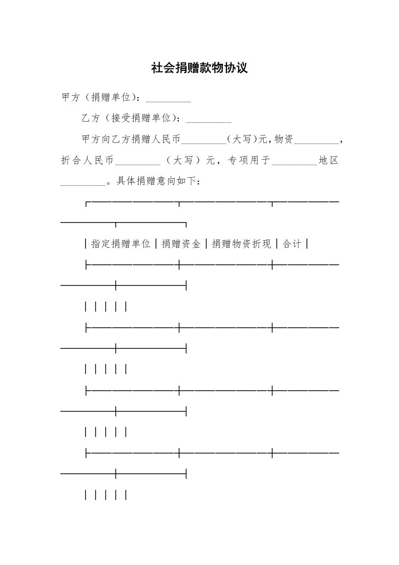 合同范本_赠与合同_社会捐赠款物协议_1