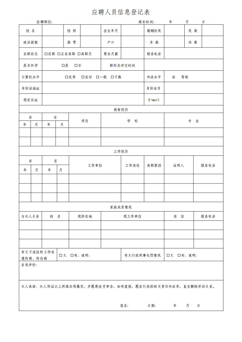 应聘人员信息登记表