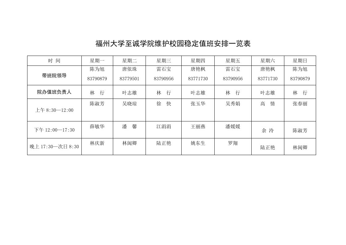 福州大学至诚学院维护校园稳定值班安排一览表