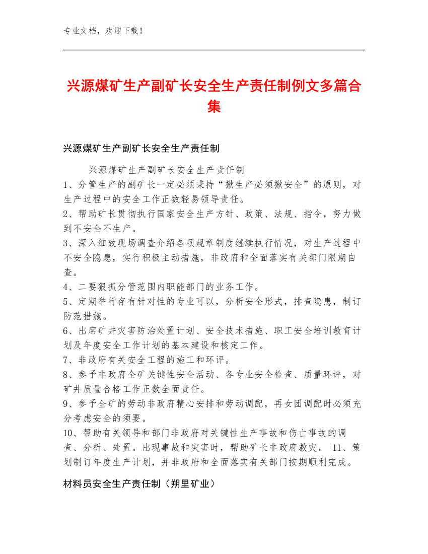 兴源煤矿生产副矿长安全生产责任制例文多篇合集