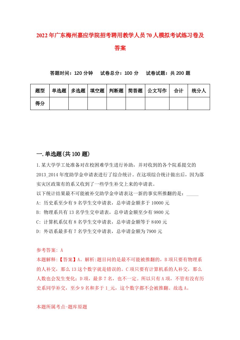 2022年广东梅州嘉应学院招考聘用教学人员70人模拟考试练习卷及答案第0次