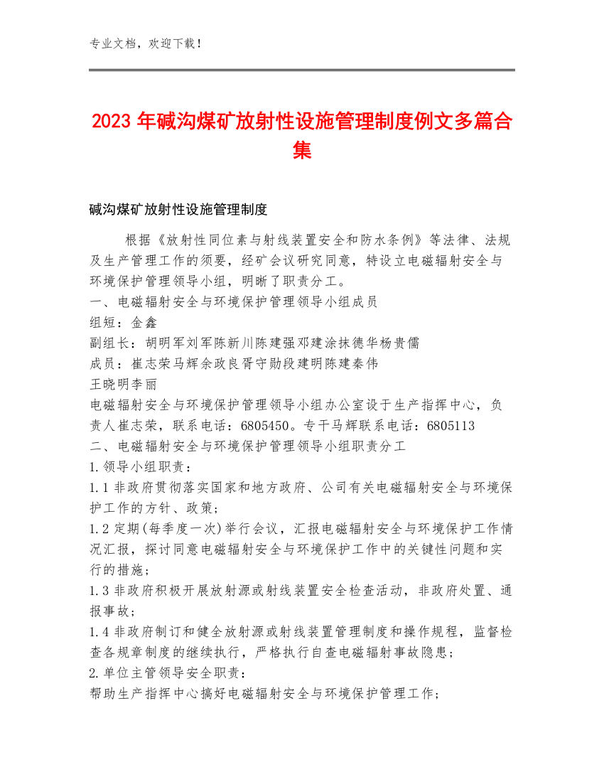 2023年碱沟煤矿放射性设施管理制度例文多篇合集