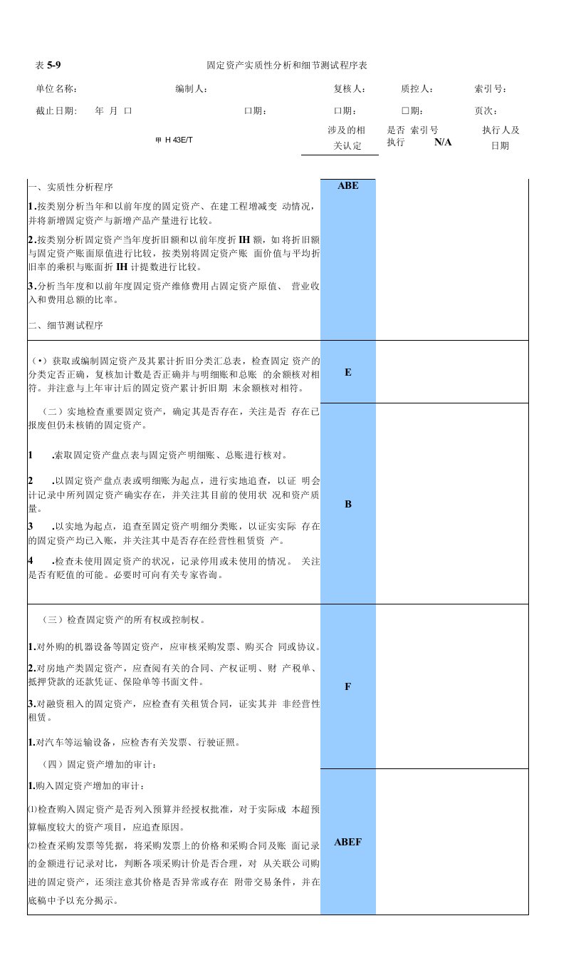 固定资产实质性程序表