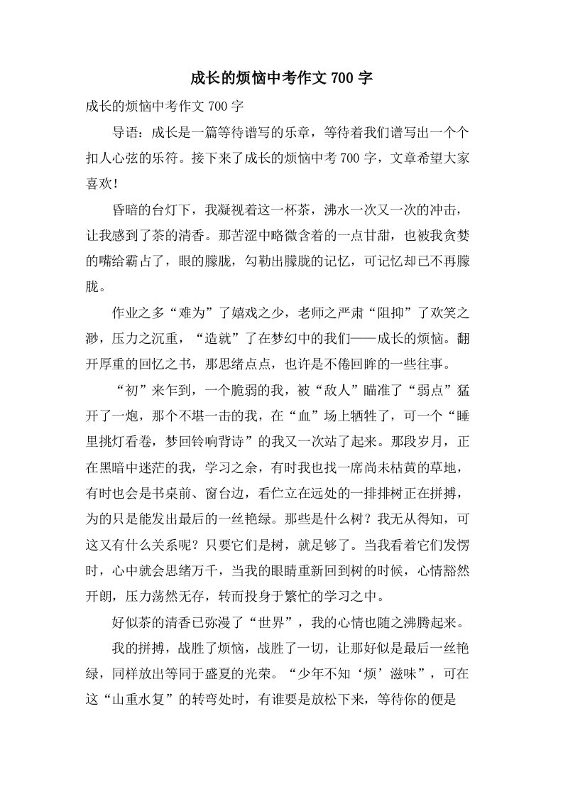 成长的烦恼中考作文700字