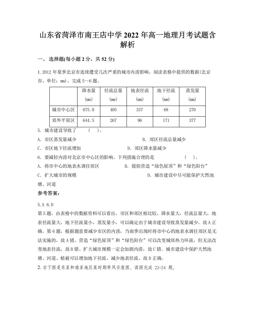 山东省菏泽市南王店中学2022年高一地理月考试题含解析