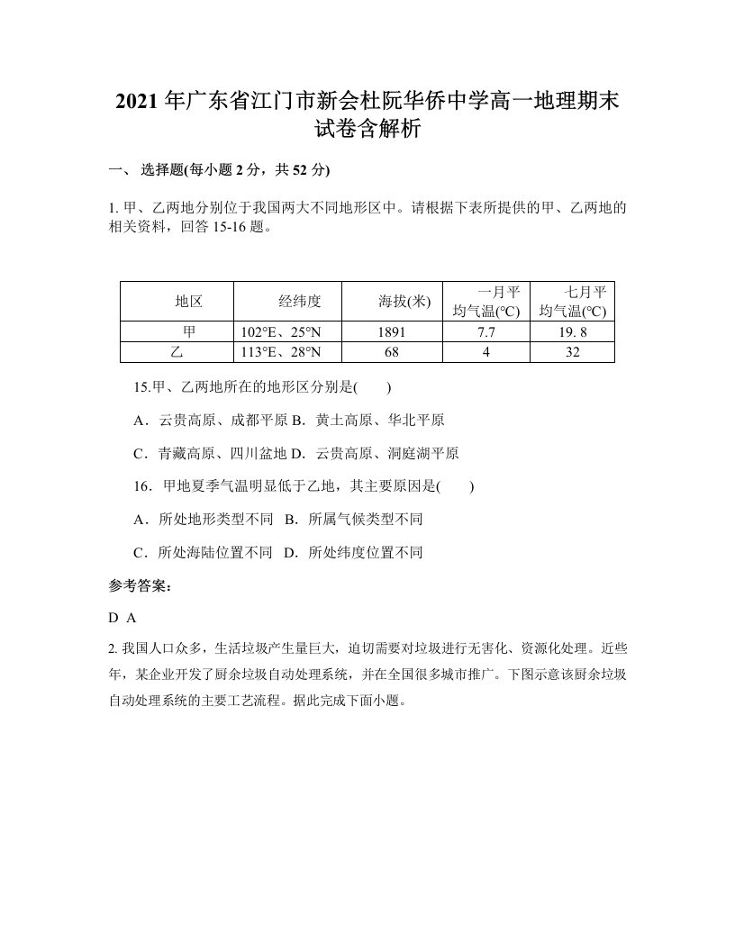 2021年广东省江门市新会杜阮华侨中学高一地理期末试卷含解析