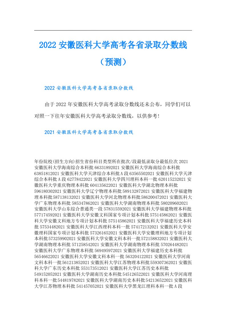 安徽医科大学高考各省录取分数线（预测）