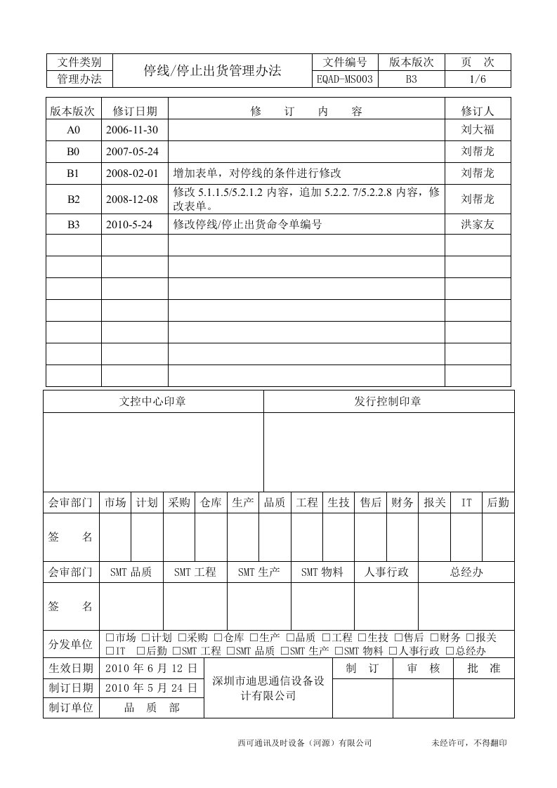 (MS003)停线停止出货管理办法