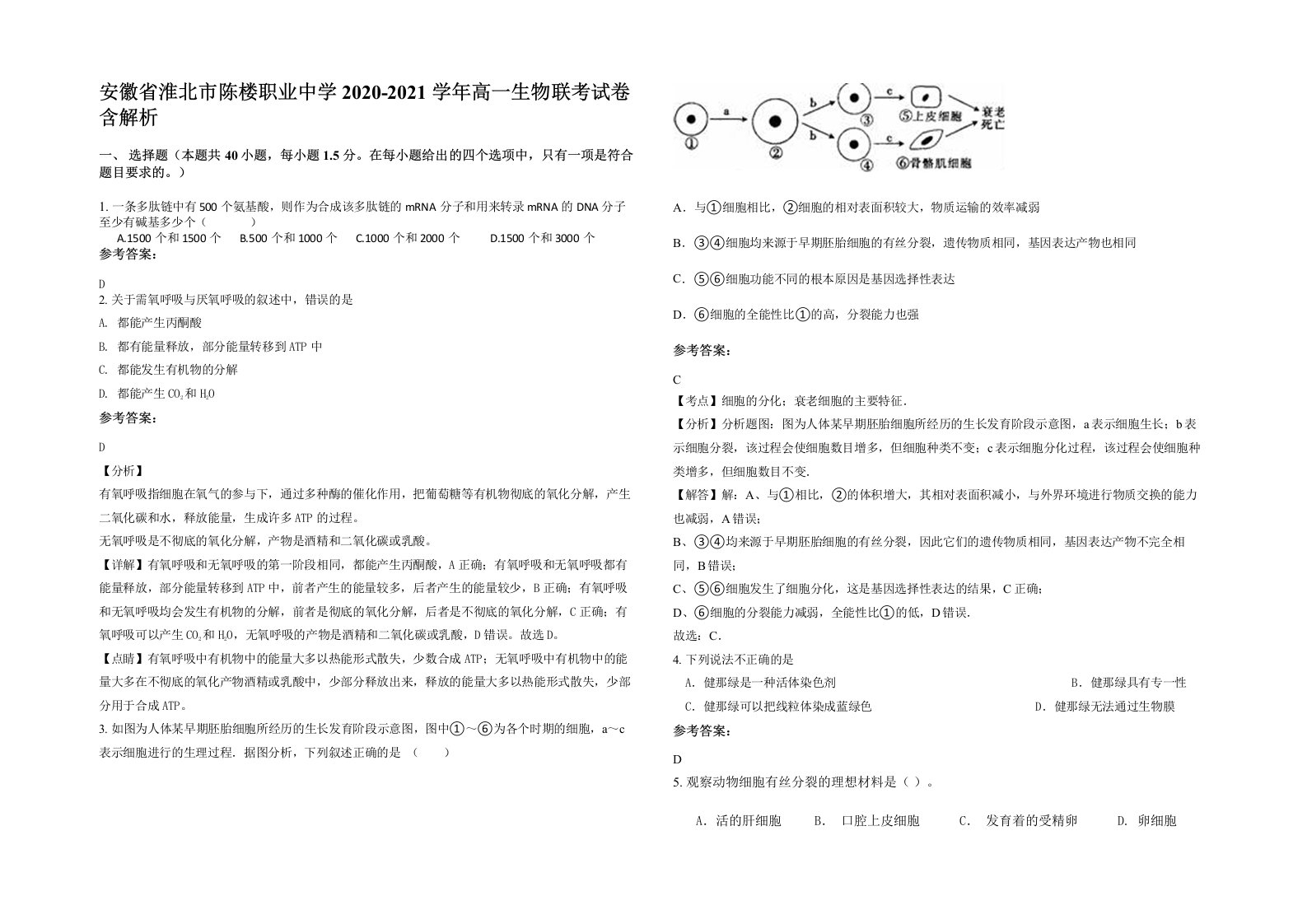 安徽省淮北市陈楼职业中学2020-2021学年高一生物联考试卷含解析