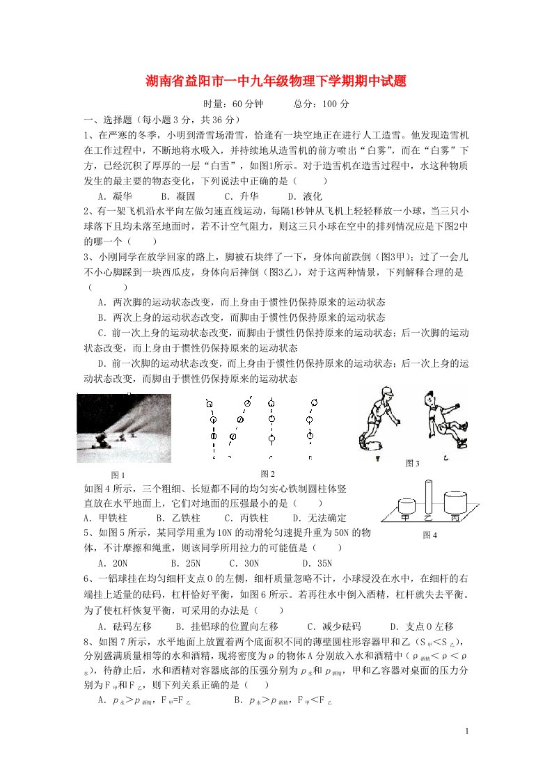 湖南省益阳市一中九级物理下学期期中试题