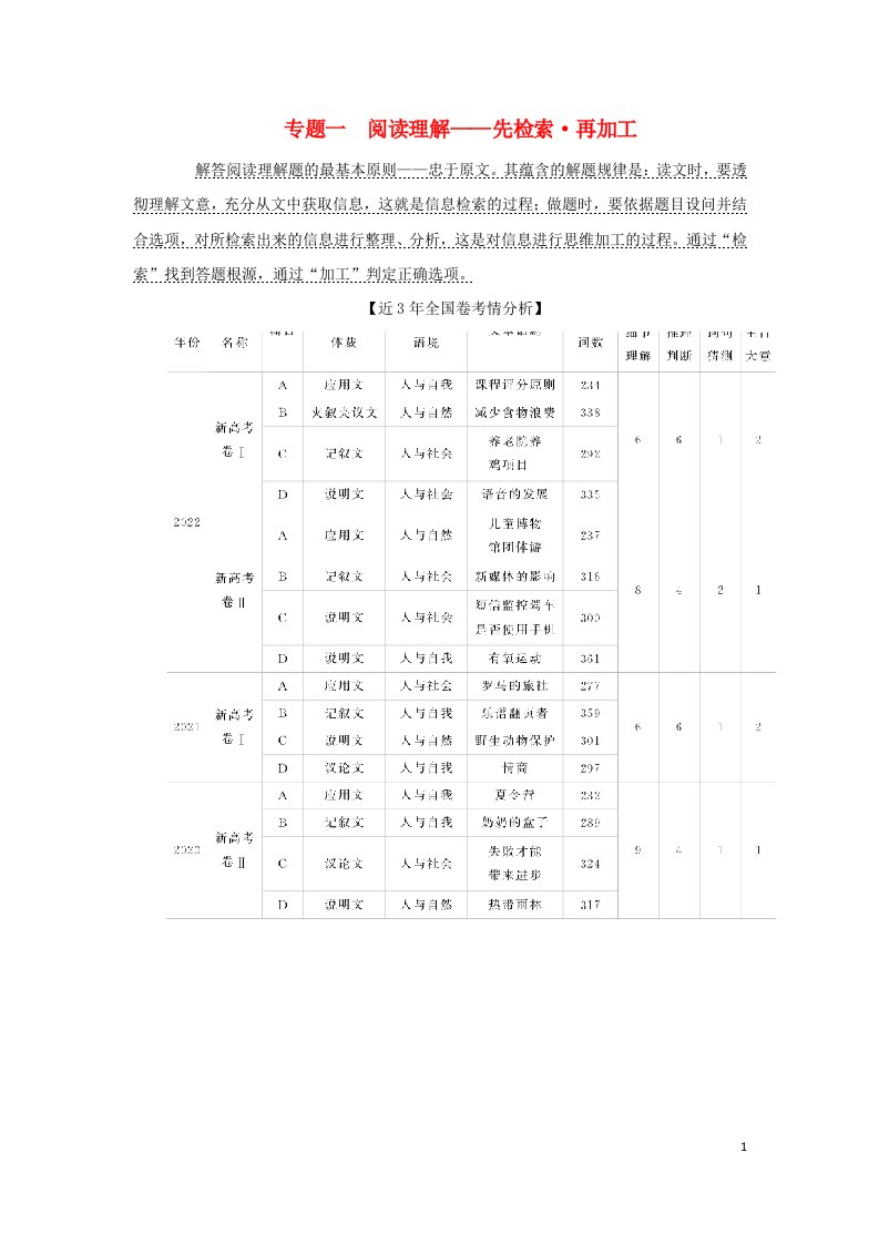 2023新教材高考英语二轮专题复习专题一阅读理解先检索再加工第一部分怎样快读文破译“难懂”处略读“无戏”处精读“有戏”处