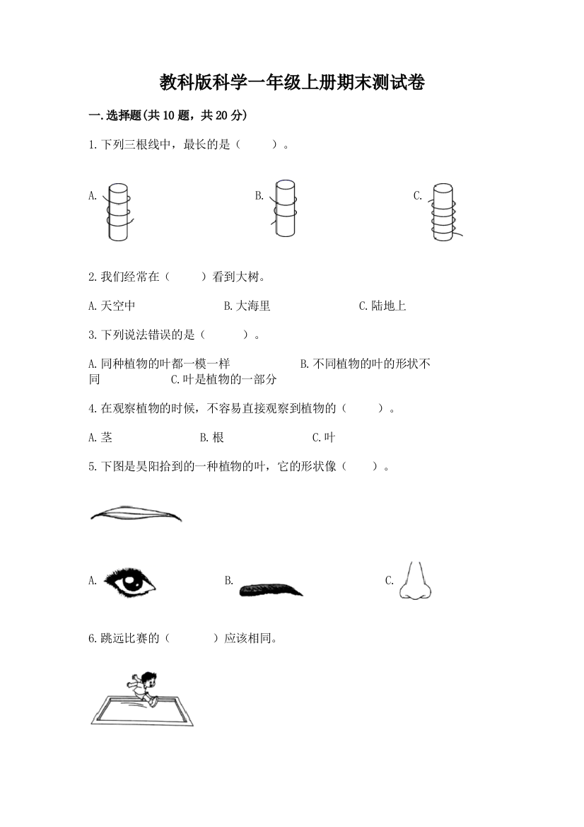 教科版科学一年级上册期末测试卷精品（精选题）