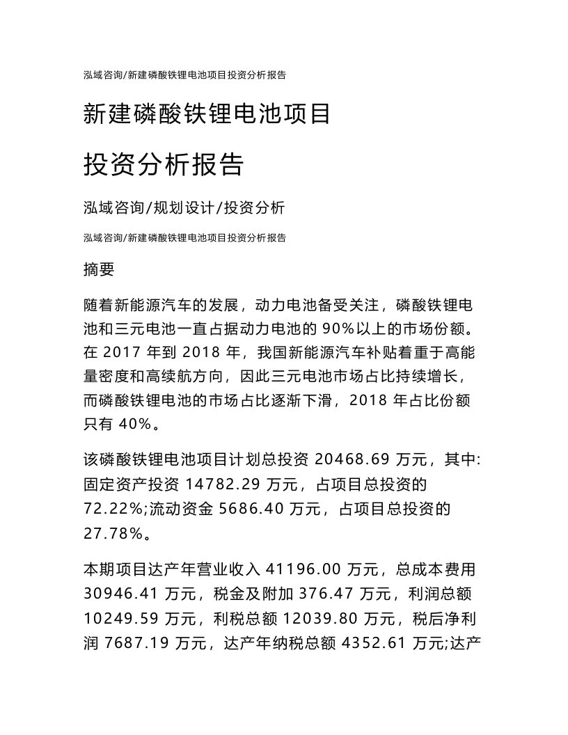 新建磷酸铁锂电池项目投资分析报告通用模板
