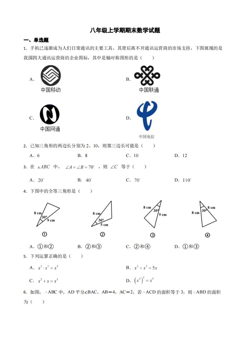 广东省肇庆市封开县2022年八年级上学期期末数学试题（附答案）