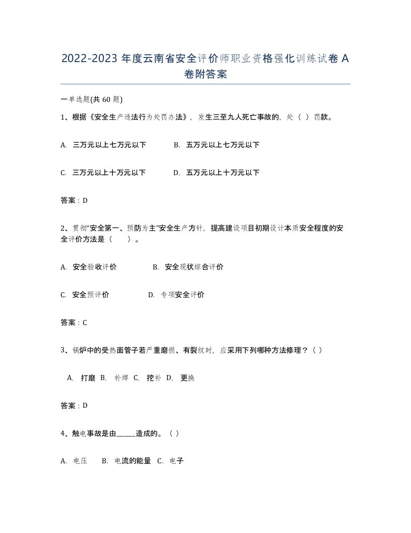 2022-2023年度云南省安全评价师职业资格强化训练试卷A卷附答案