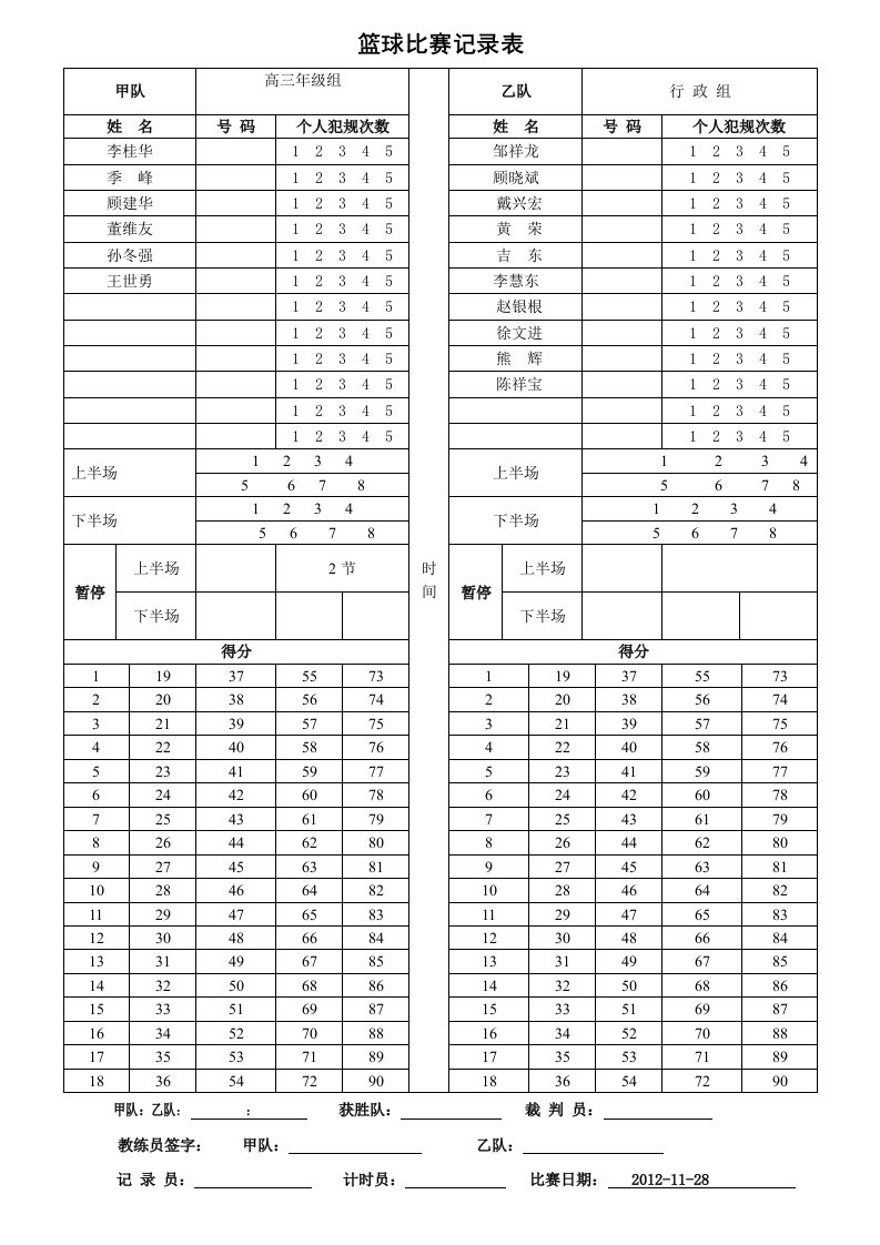 篮球比赛记录表(四节)