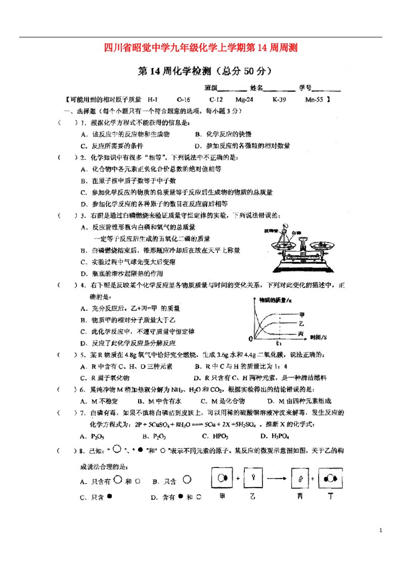 四川省昭觉中学九级化学上学期第14周周测试题（扫描版）