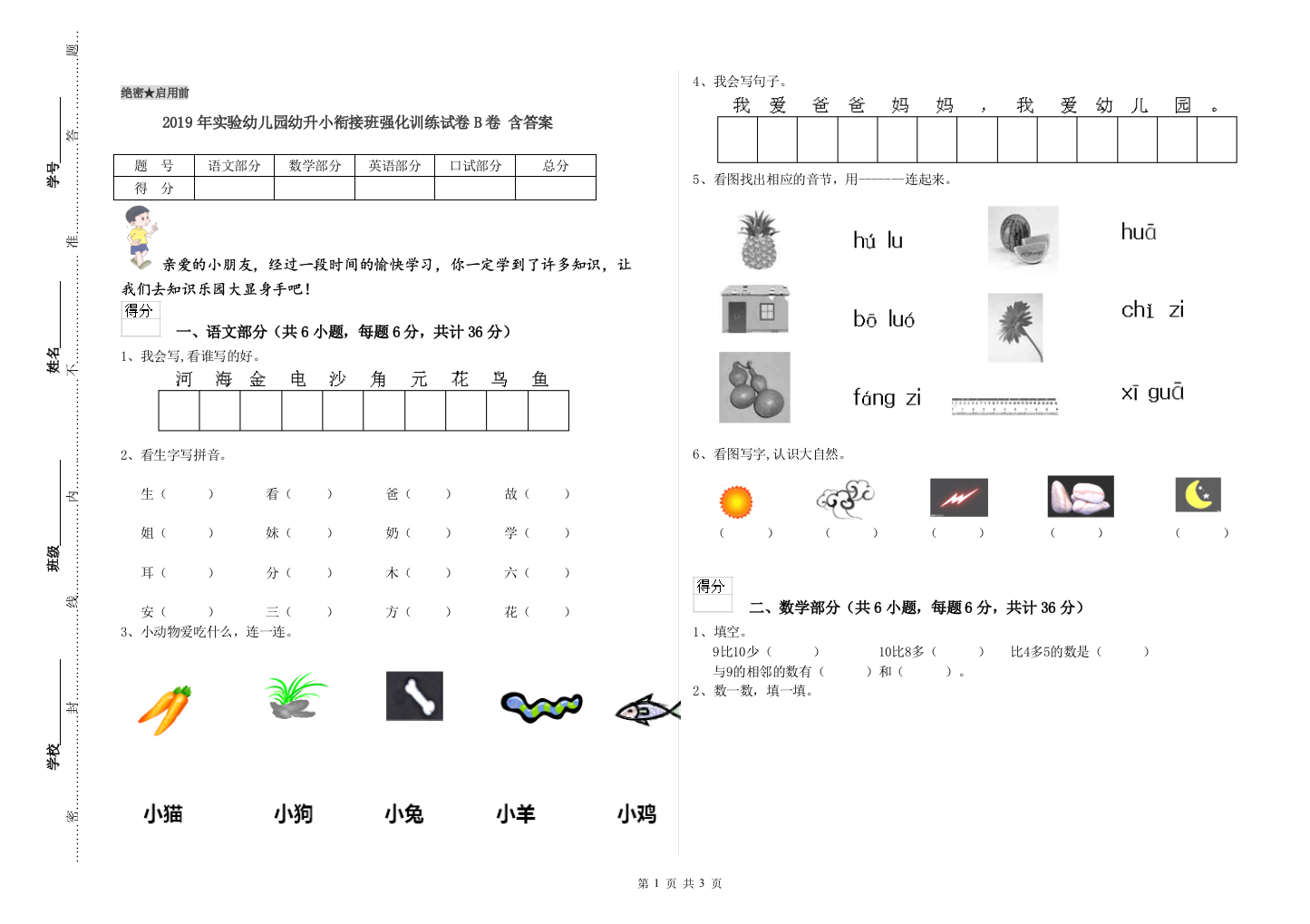 2019年实验幼儿园幼升小衔接班强化训练试卷B卷-含答案