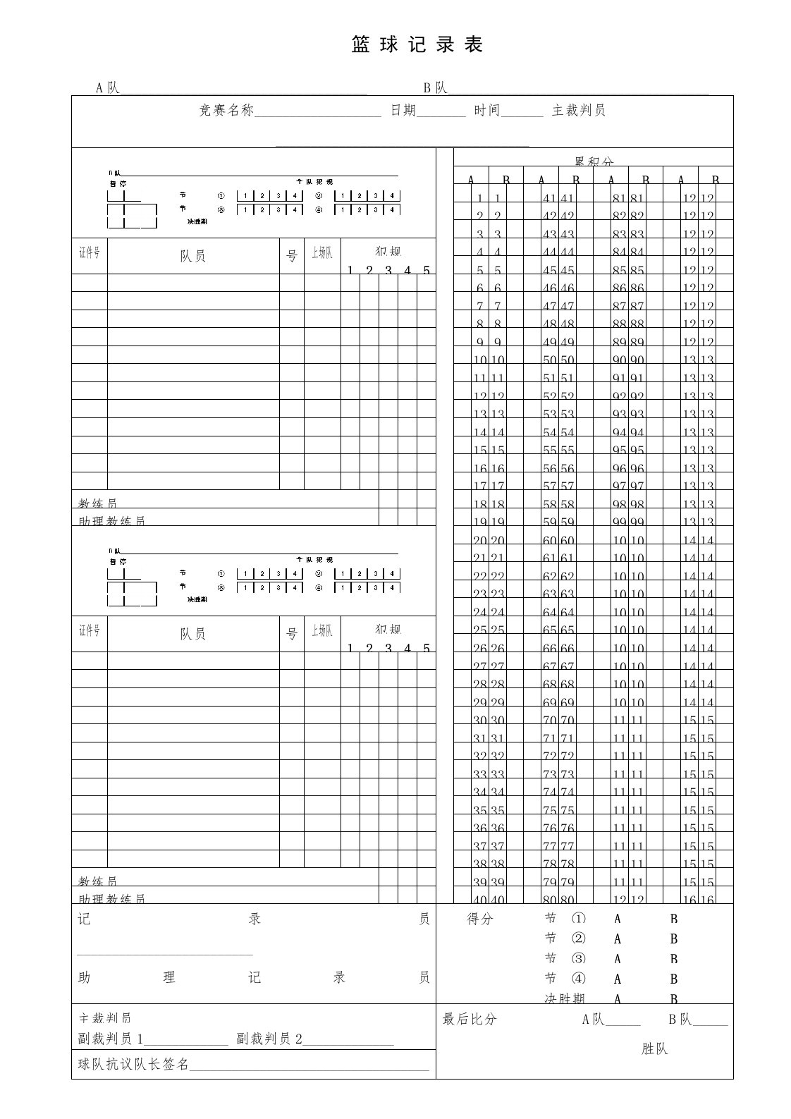 篮球比赛记分表