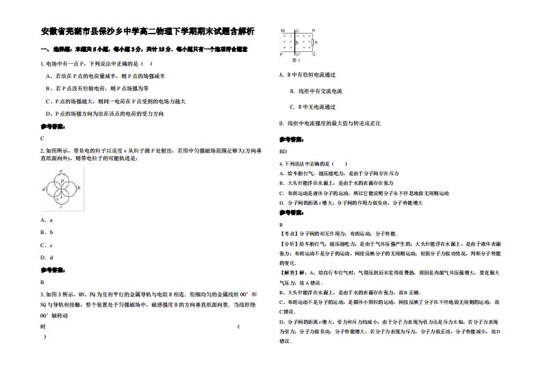 安徽省芜湖市县保沙乡中学高二物理下学期期末试题带解析