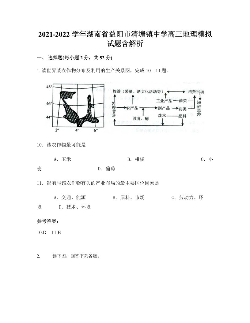 2021-2022学年湖南省益阳市清塘镇中学高三地理模拟试题含解析