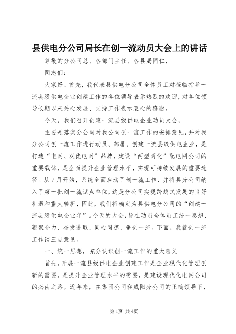 县供电分公司局长在创一流动员大会上的讲话