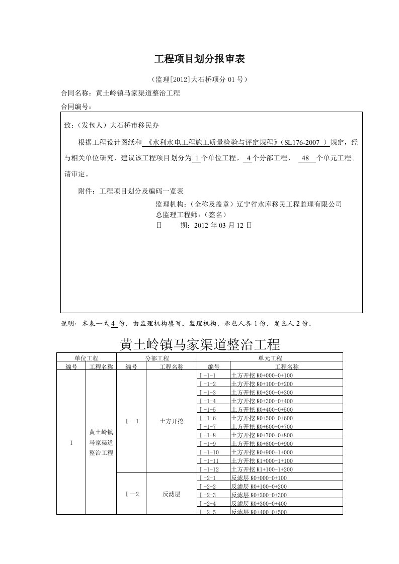 黄土岭镇马家渠道整治工程项目划分