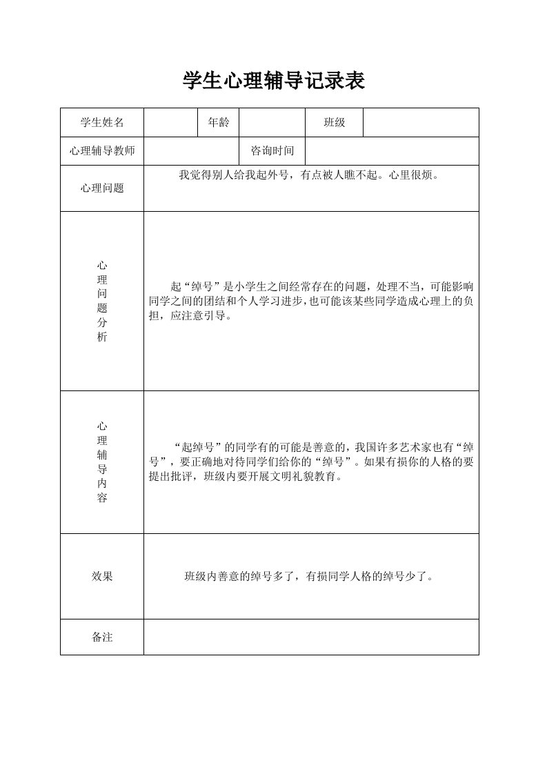 小学心理咨询心理疏导记录表