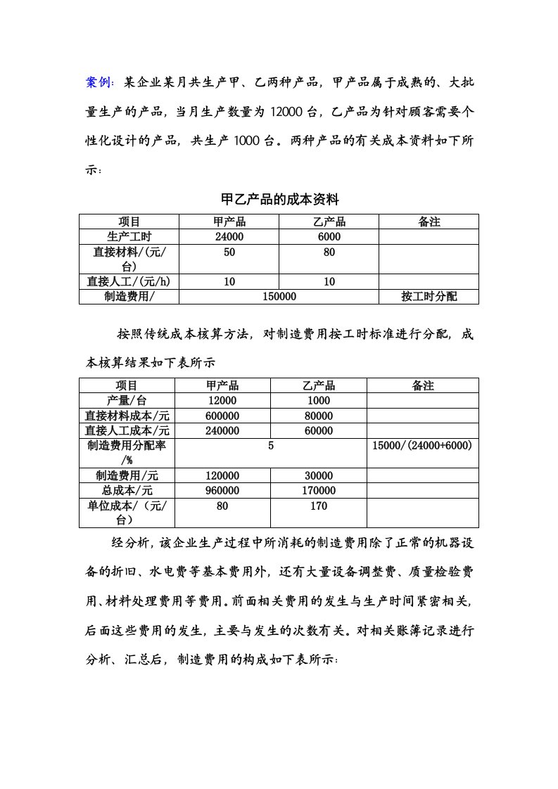 作业成本法与传统成本法比较案例