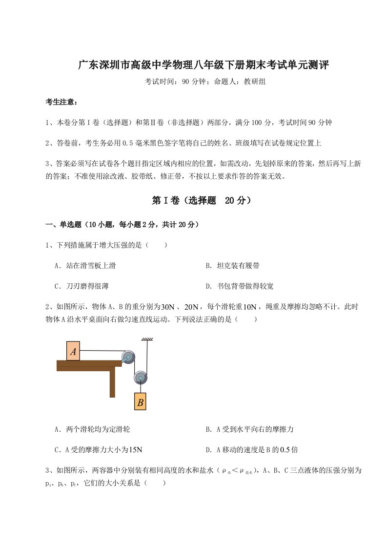 2023年广东深圳市高级中学物理八年级下册期末考试单元测评试题（含解析）