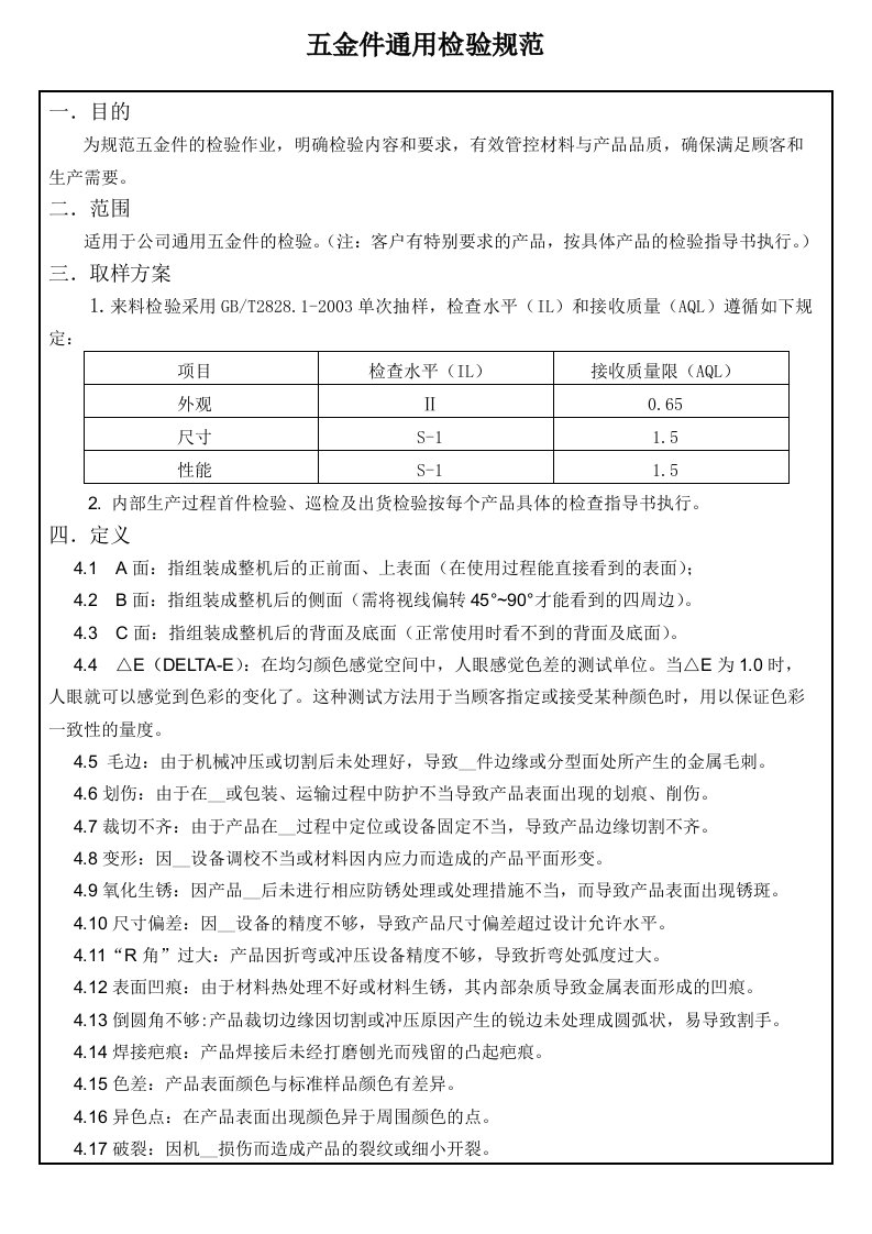 五金件通用检验规范